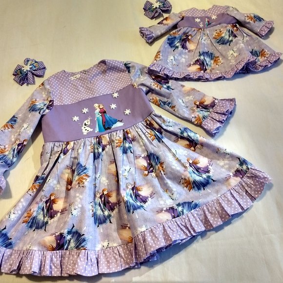Frozen My Doll & Me Matching Twirl Dresses & Hairbows - Picture 1 of 7